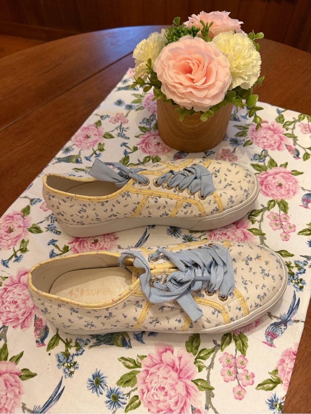 Women Floral Canvas Sneakers with Light Blue Laces and Yellow Trim
